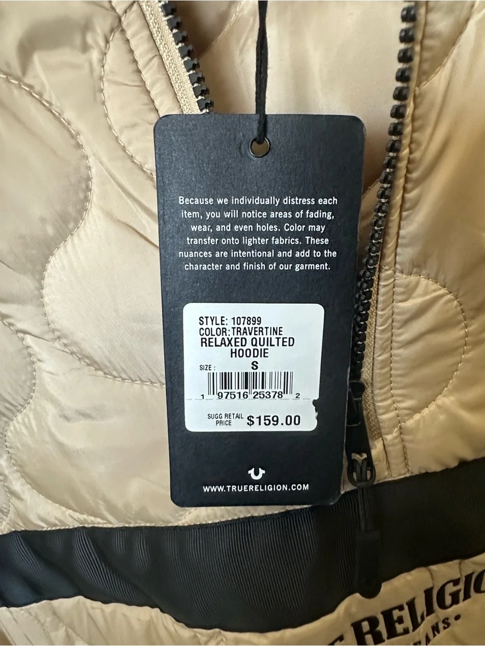 Brand New True Religion Tan Quilted Hooded Pullover with Black Chest Band